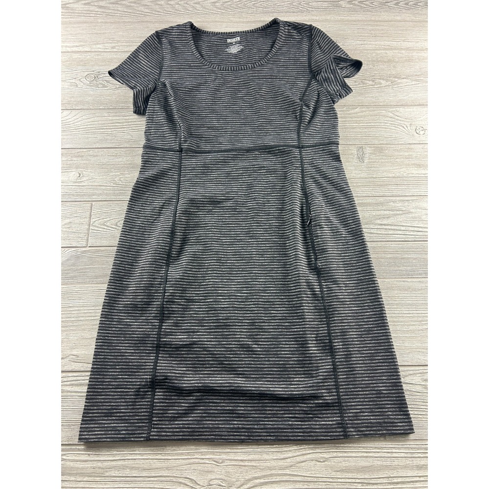 Duluth Trading Co Noga Classic Short Sleeve Dress Black Gray Stripe Womens M